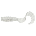 White speckled grub soft fishing lure with segmented body and paddle tail.