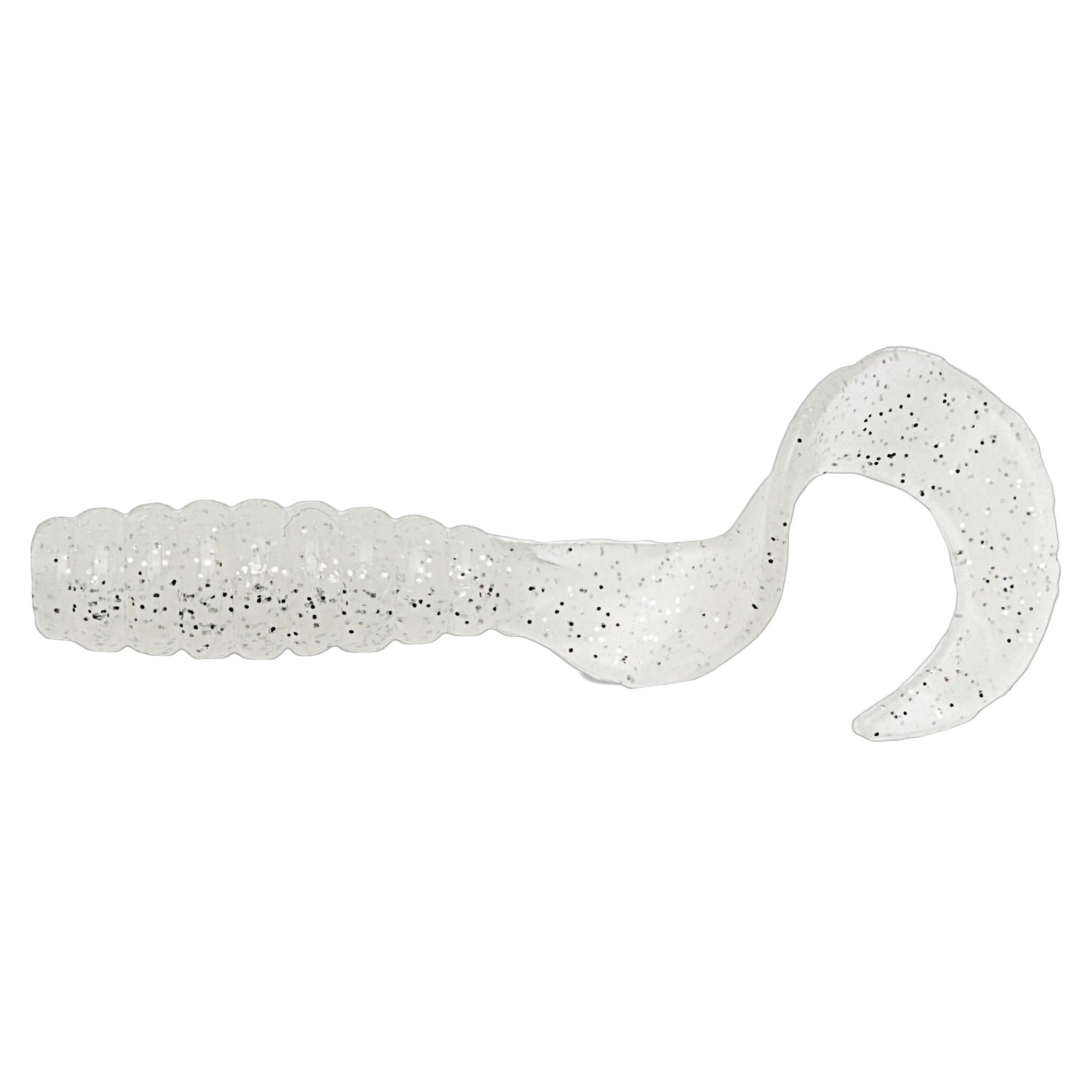 White speckled grub soft fishing lure with segmented body and paddle tail.