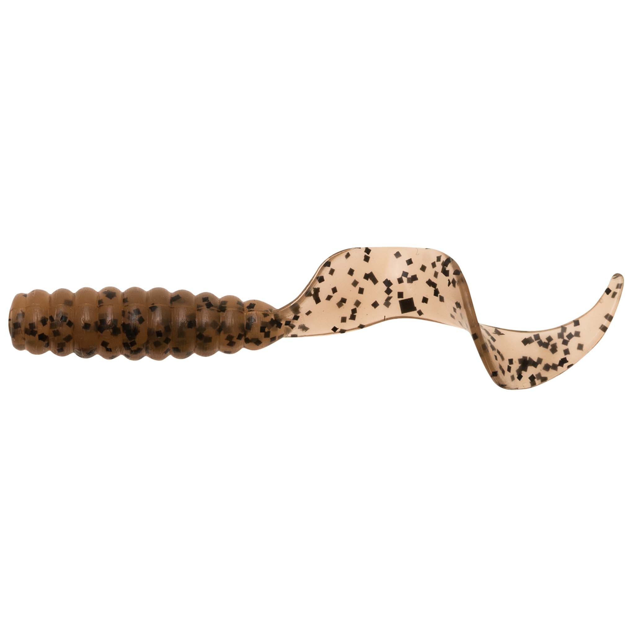 Brown-speckled grub soft fishing lure with light tail and segmented body.