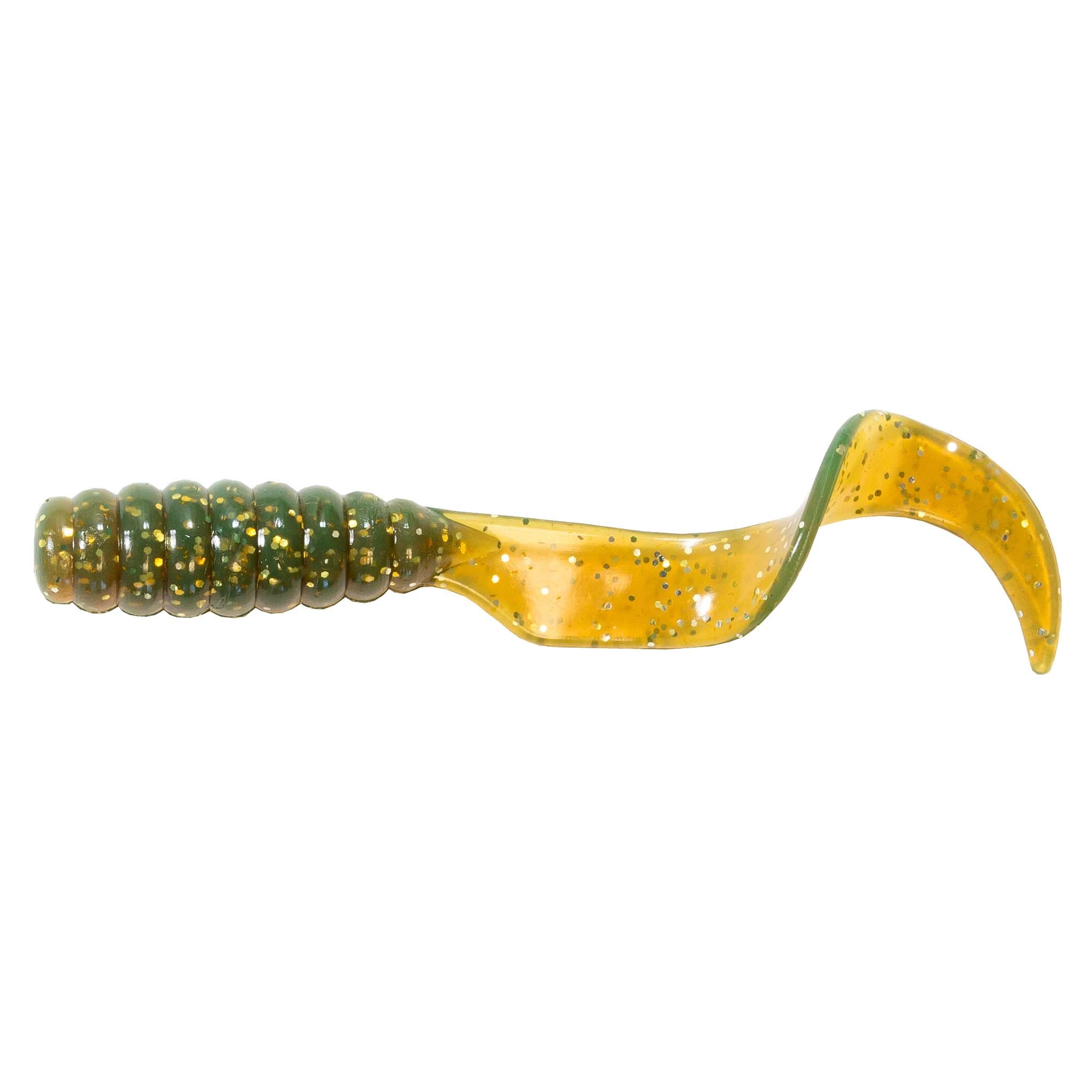 Golden translucent grub soft fishing lure with green glitter segments and curled tail.