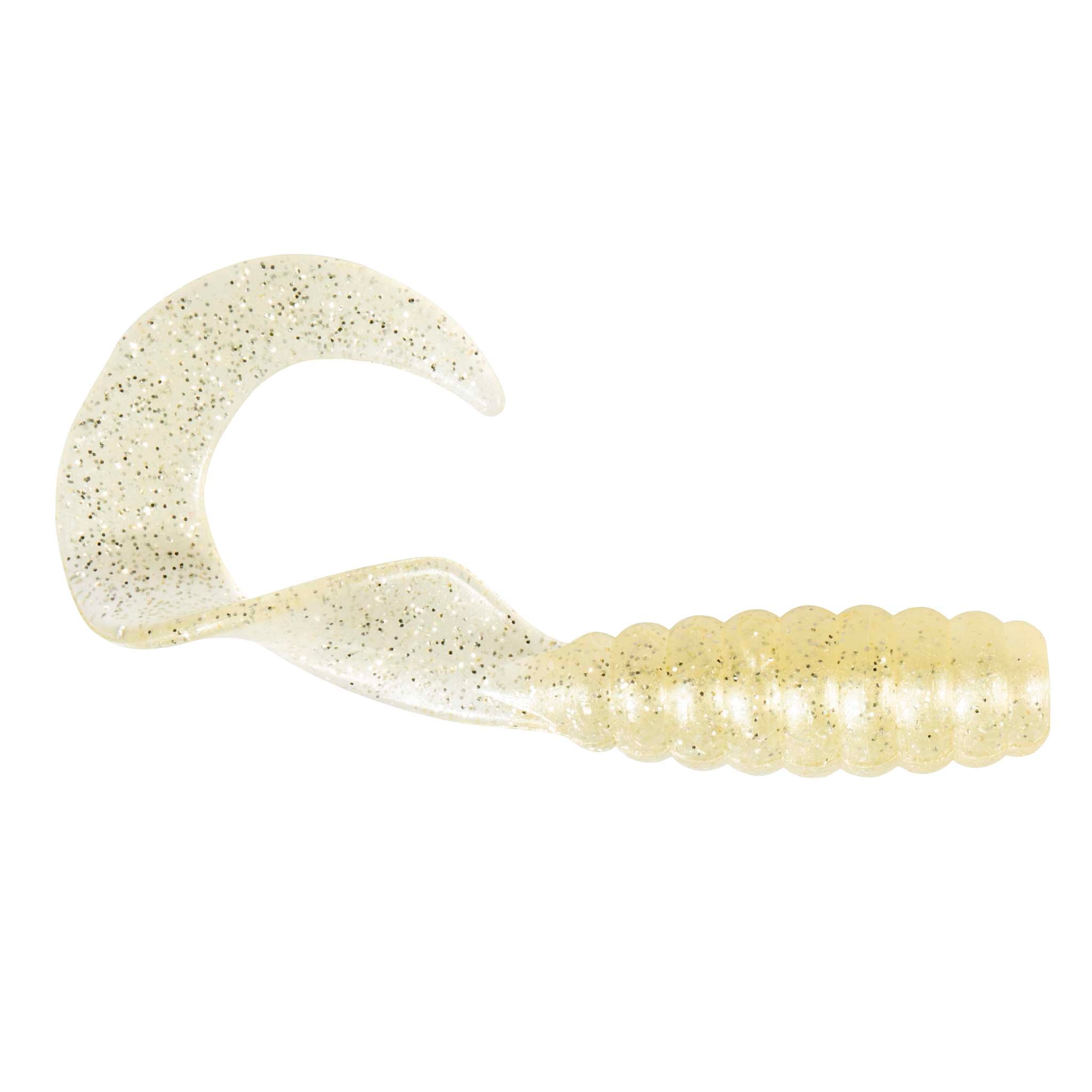 Cream speckled grub soft fishing lure with segmented body and curled tail.