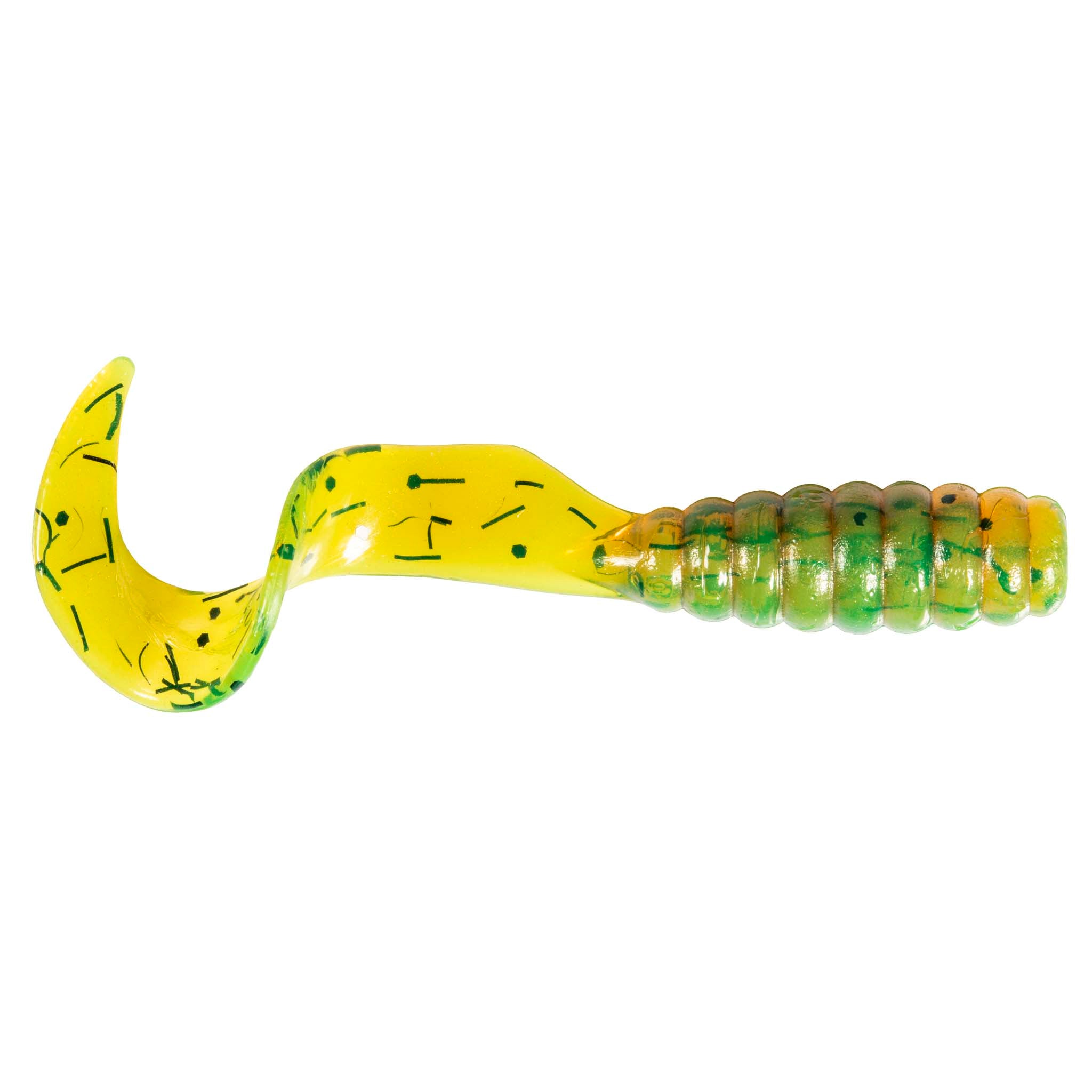 Yellow grub soft fishing lure with green bead-like segments and curved tail.