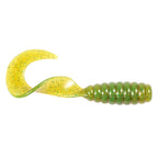 Speckled yellow grub soft fishing lure with green segmented body and curled tail.