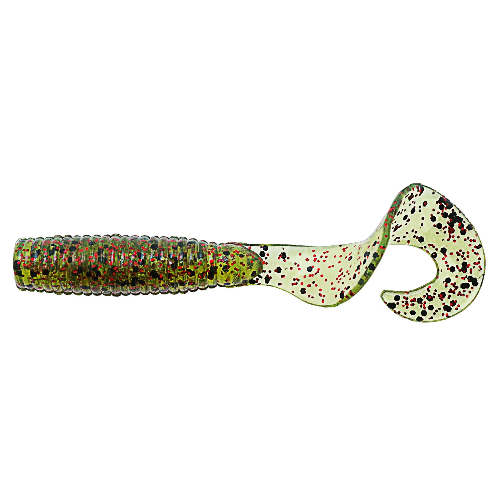 Color-splashed grub soft fishing lure with dark spots on paddle tail and segmented body.