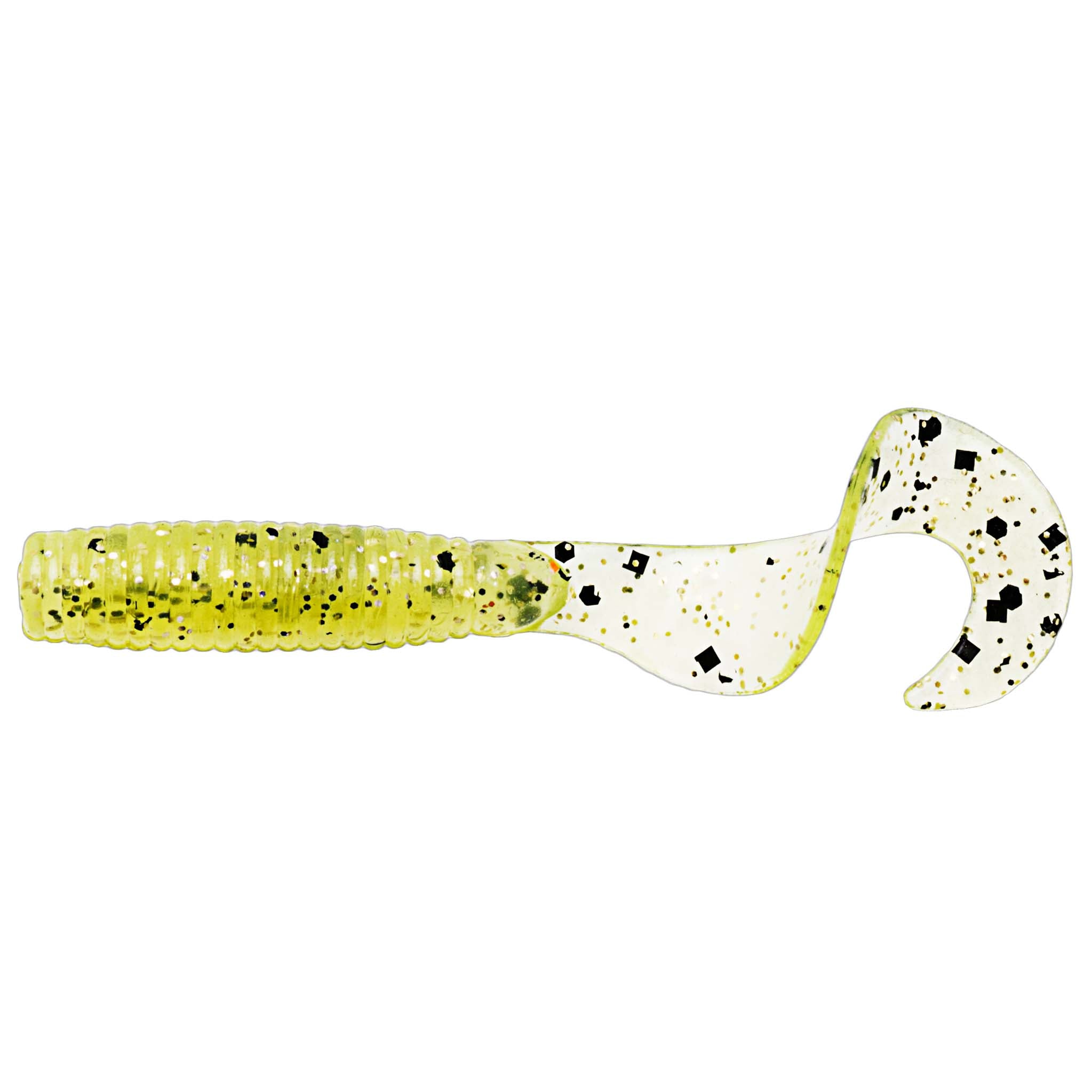 Chartreuse grub soft fishing lure with white paddle tail and black speckles.