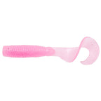 Soft fishing lure in pale pink and darker pink ribbed body, paddle tail