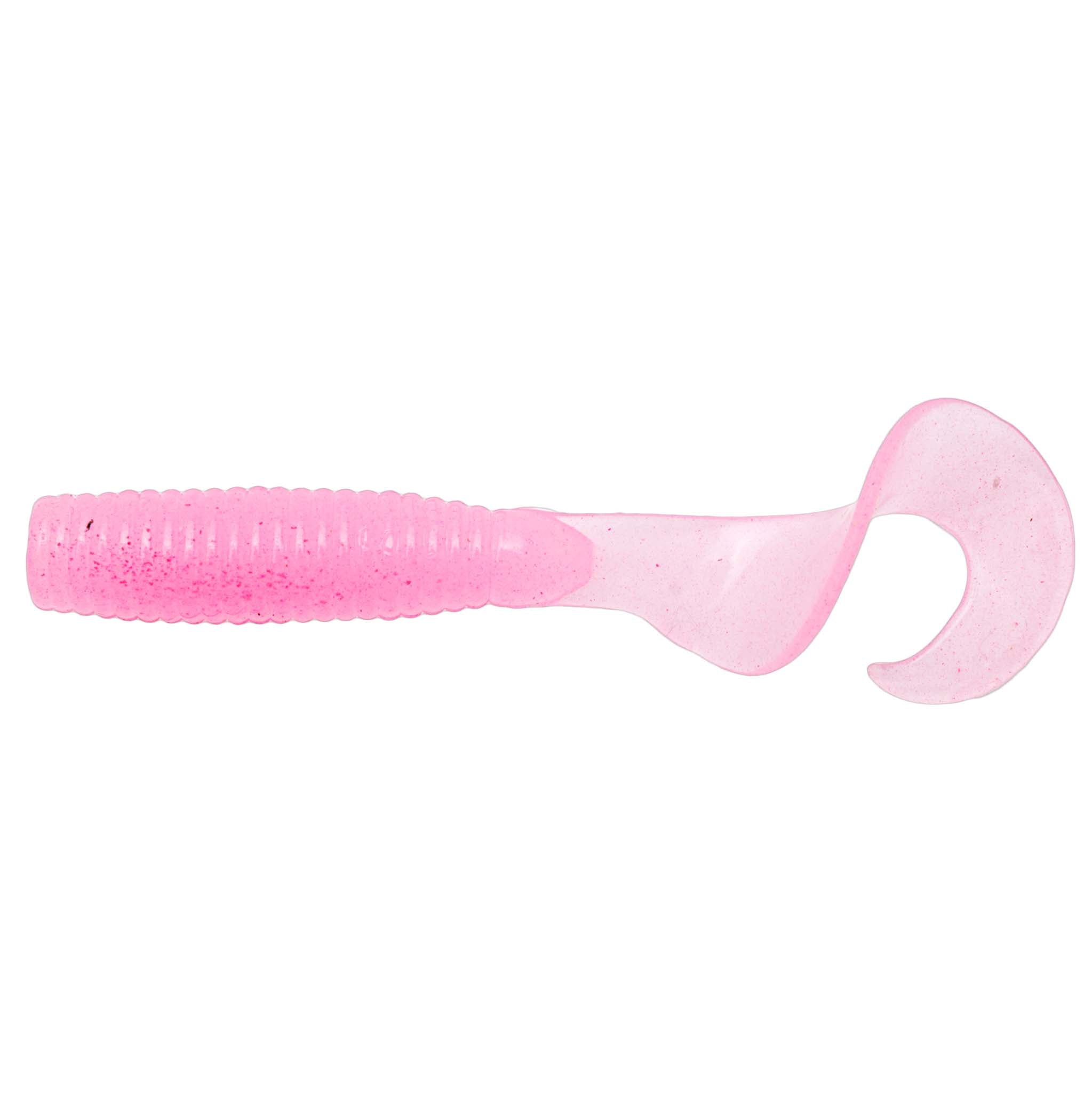 Soft fishing lure in pale pink and darker pink ribbed body, paddle tail