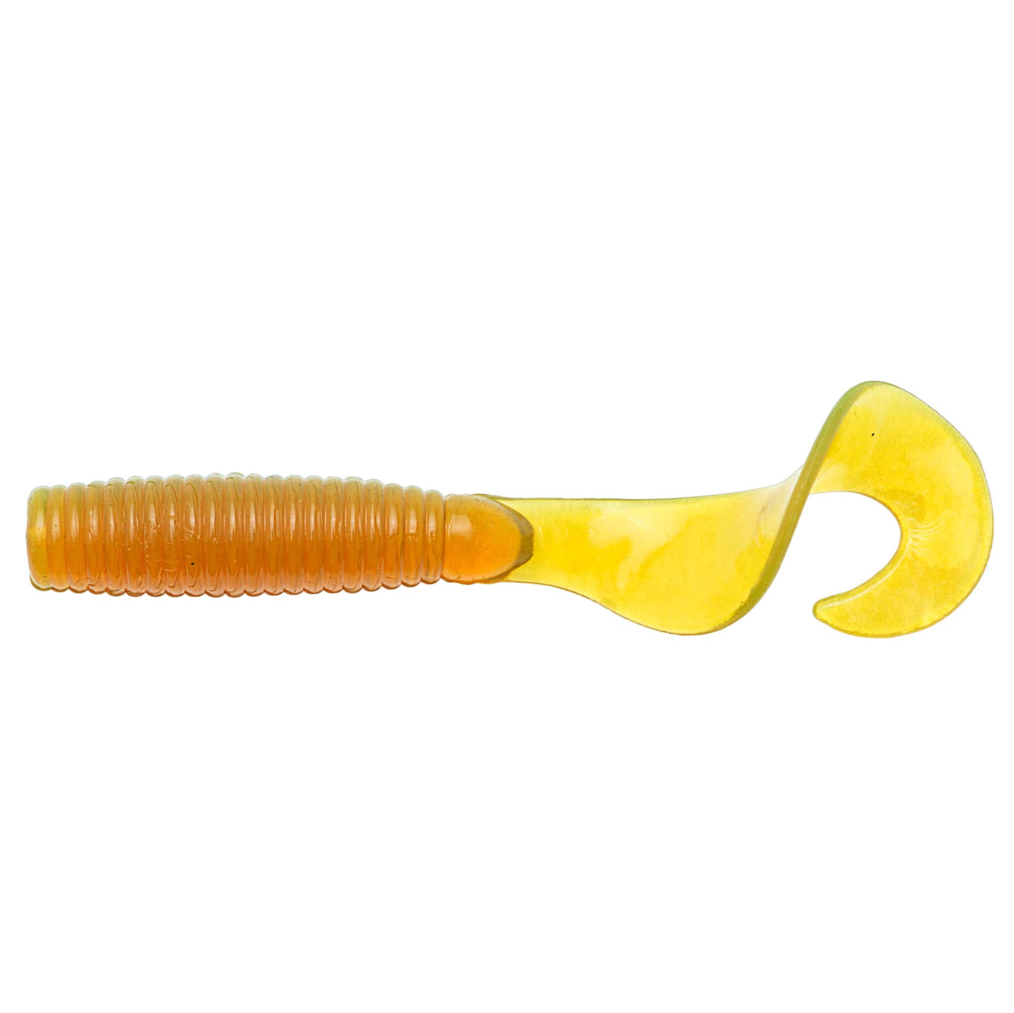 Soft fishing lure in yellow with orange ribbed body and flared paddle tail