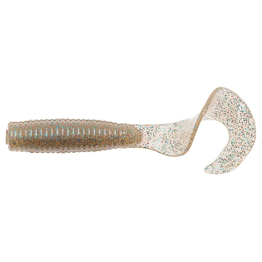 Soft fishing lure with tan glitter speckles, ribbed body and paddle tail