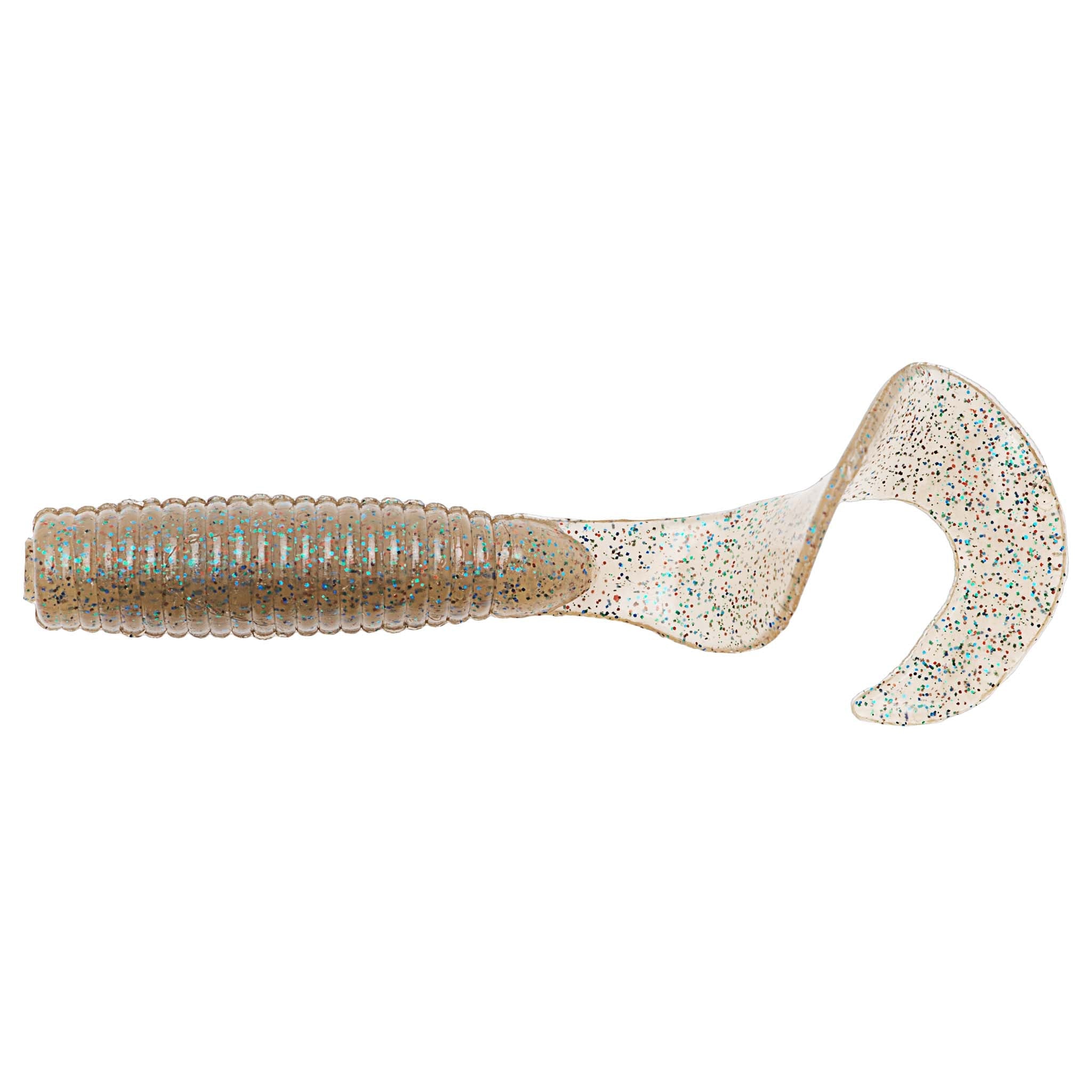 Soft fishing lure with tan glitter speckles, ribbed body and paddle tail