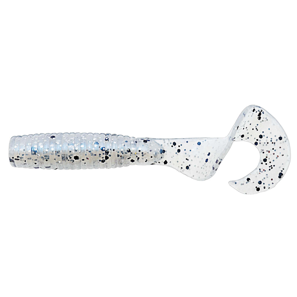 Soft fishing lure in translucent white with black speckles, ribbed body paddle tail