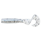 Soft fishing lure in translucent white with black speckles, ribbed body paddle tail