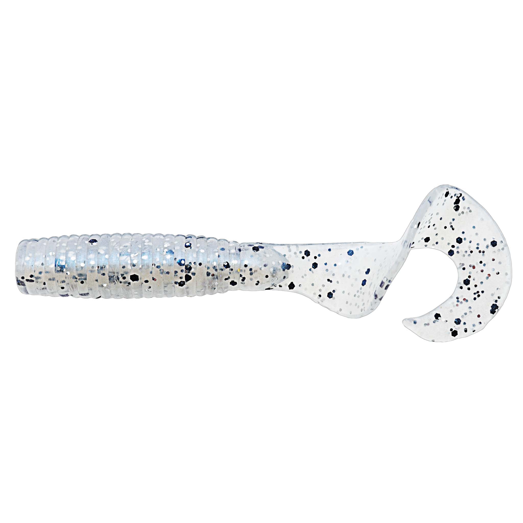 Soft fishing lure in translucent white with black speckles, ribbed body paddle tail