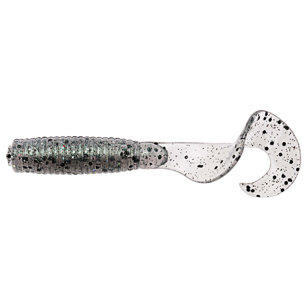 Soft fishing lure in translucent white with dark speckles on ribbed body and paddle tail