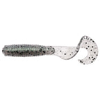 Soft fishing lure in translucent white with dark speckles on ribbed body and paddle tail