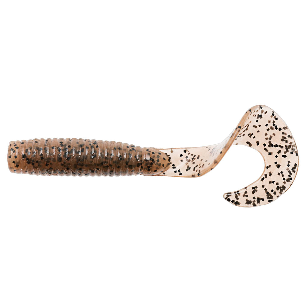 Soft fishing lure in tan with dark speckles, ribbed body and paddle tail