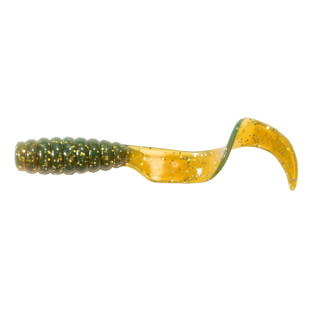 Soft fishing lure in translucent green-gold with gold speckles and ribbed body paddle tail
