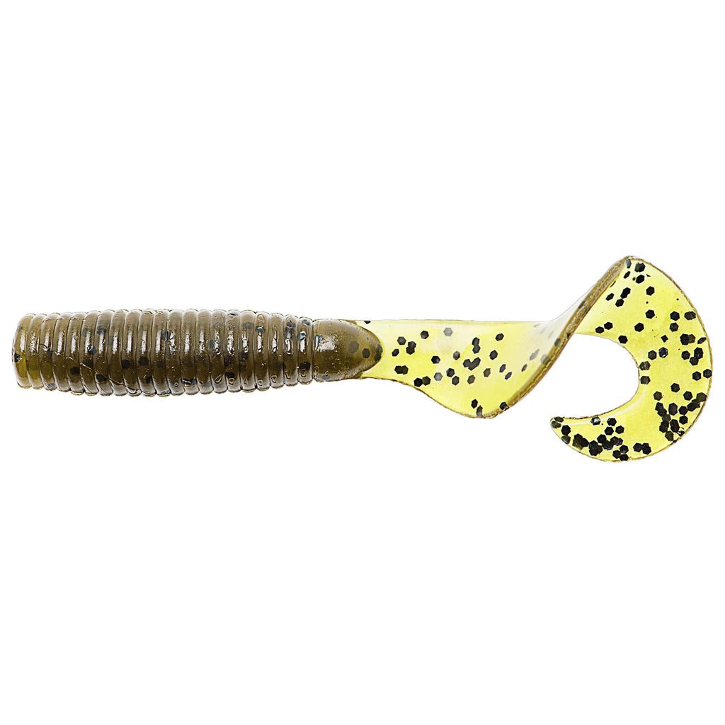 Soft fishing lure in yellow-green with dark speckles, ribbed body and paddle tail