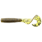 Soft fishing lure in yellow-green with dark speckles, ribbed body and paddle tail