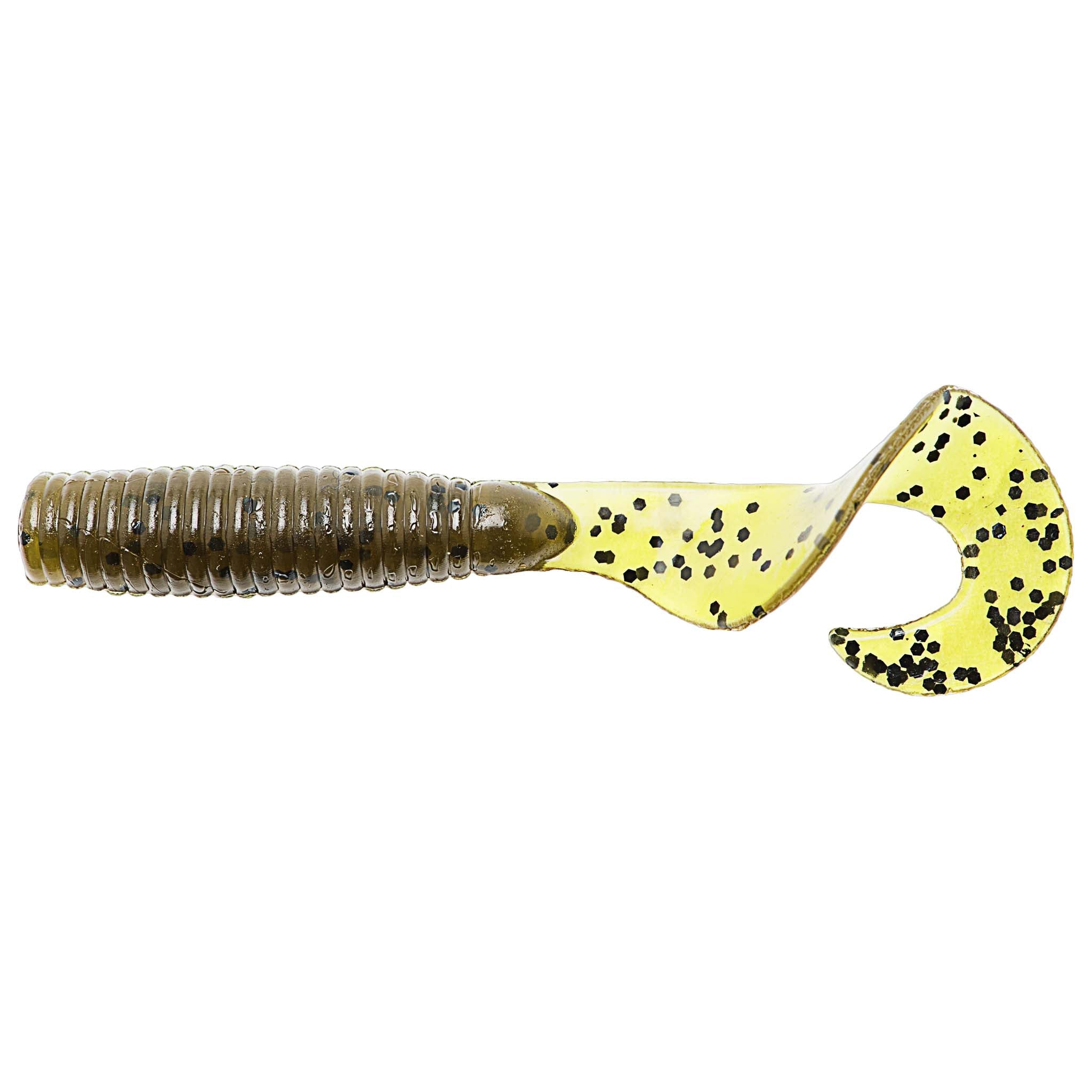Soft fishing lure in yellow-green with dark speckles, ribbed body and paddle tail
