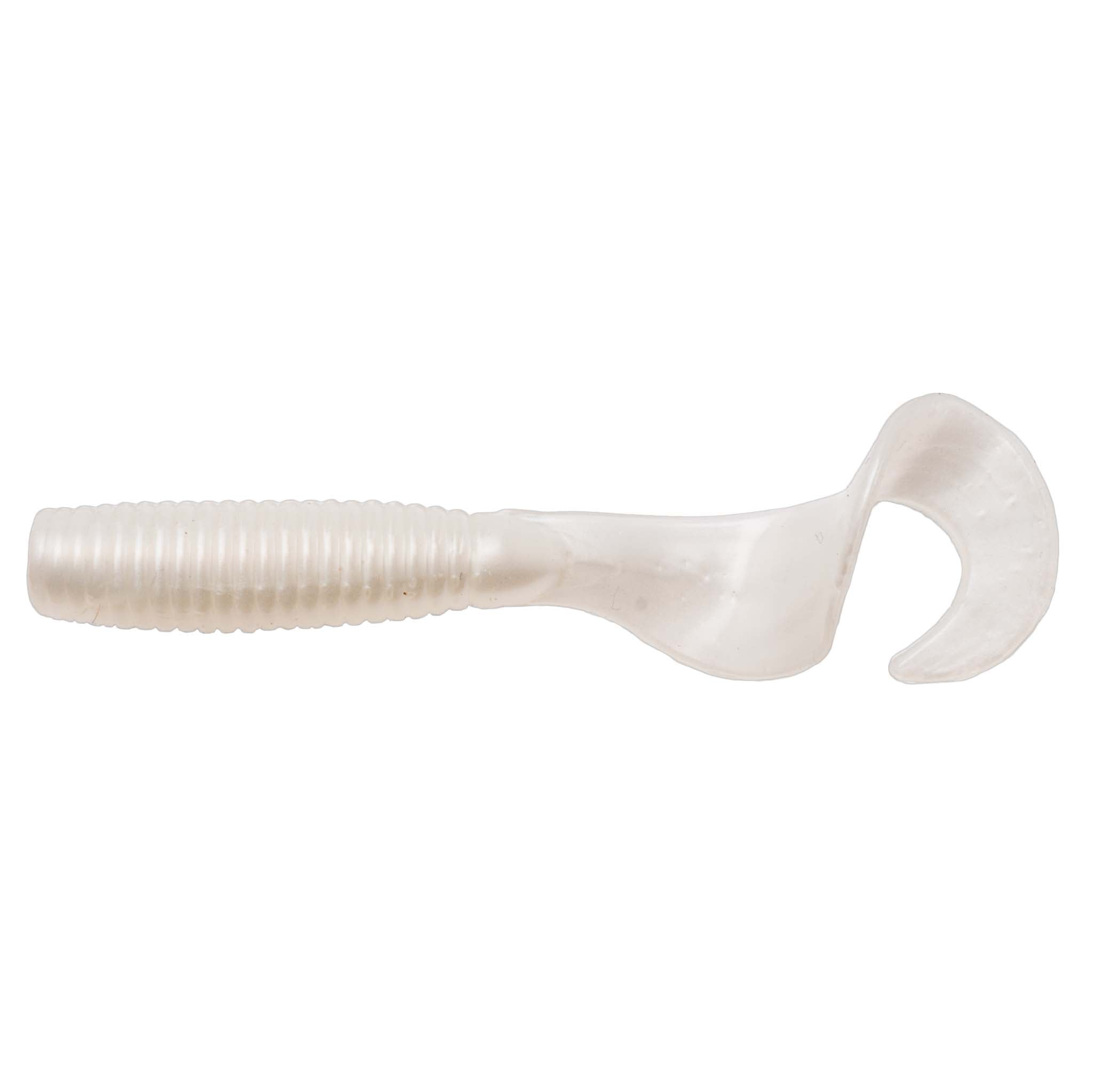 Soft fishing lure in translucent white with ribbed body and paddle tail