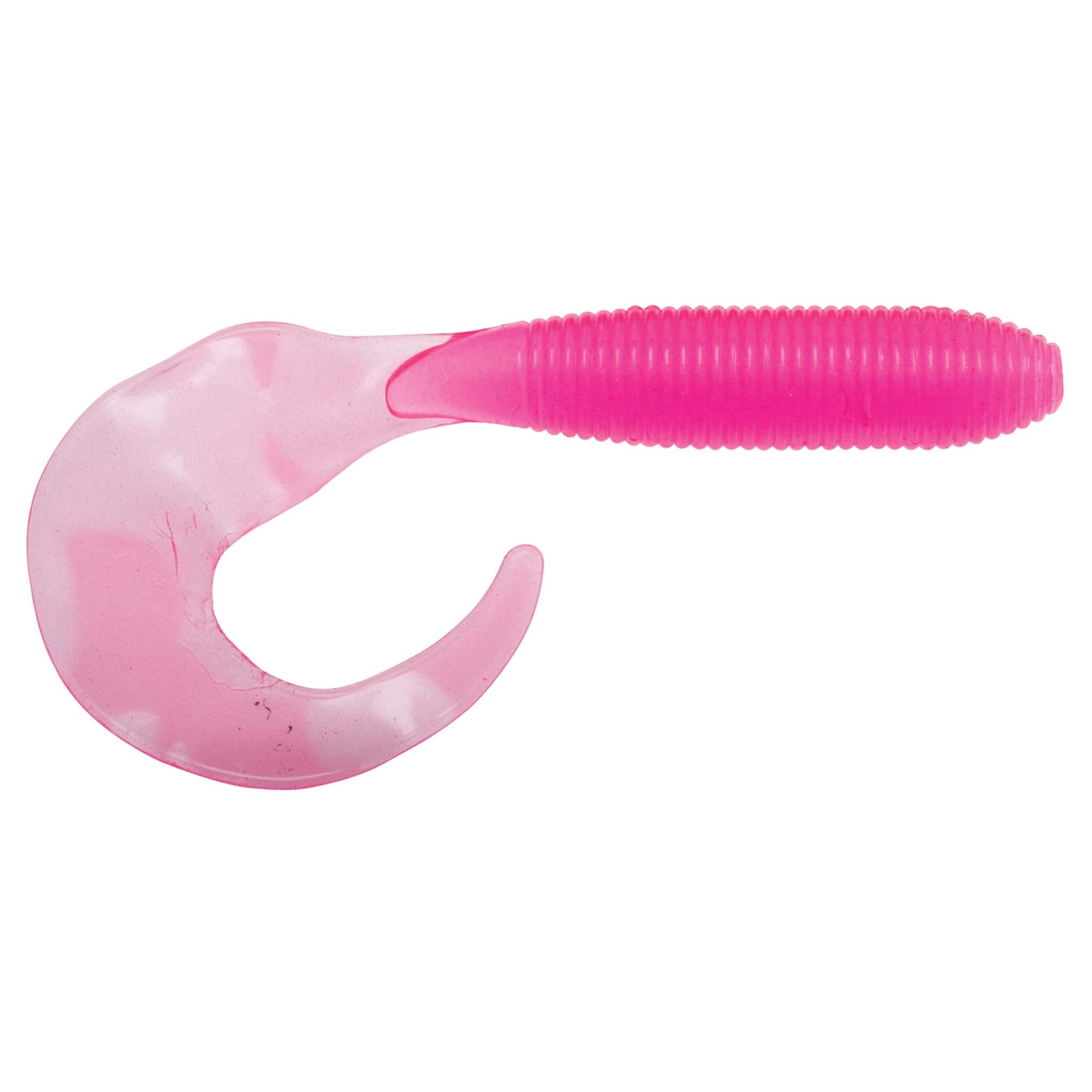 Soft fishing lure in bright pink, translucent paddle tail and ribbed body