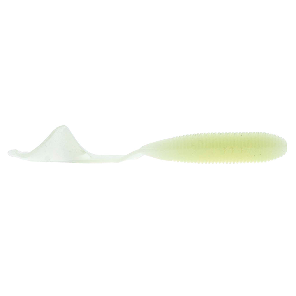 Soft plastic fishing lure, translucent white, curled ribbed tail