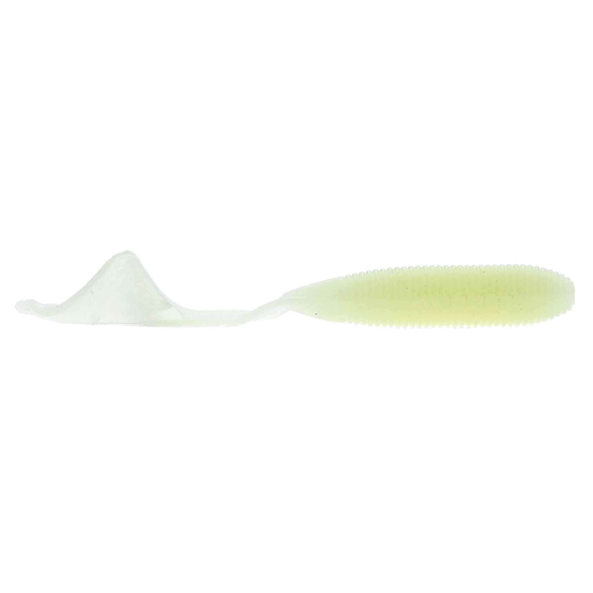 Soft plastic fishing lure, translucent white, curled ribbed tail