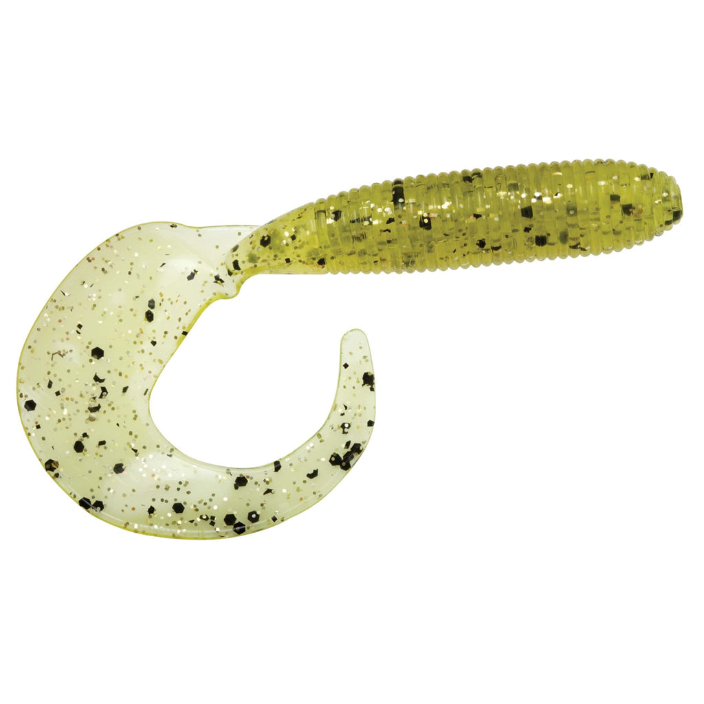 Soft plastic fishing lure, glittery chartreuse with dark flecks, curled tail