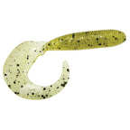 Soft plastic fishing lure, glittery chartreuse with dark flecks, curled tail