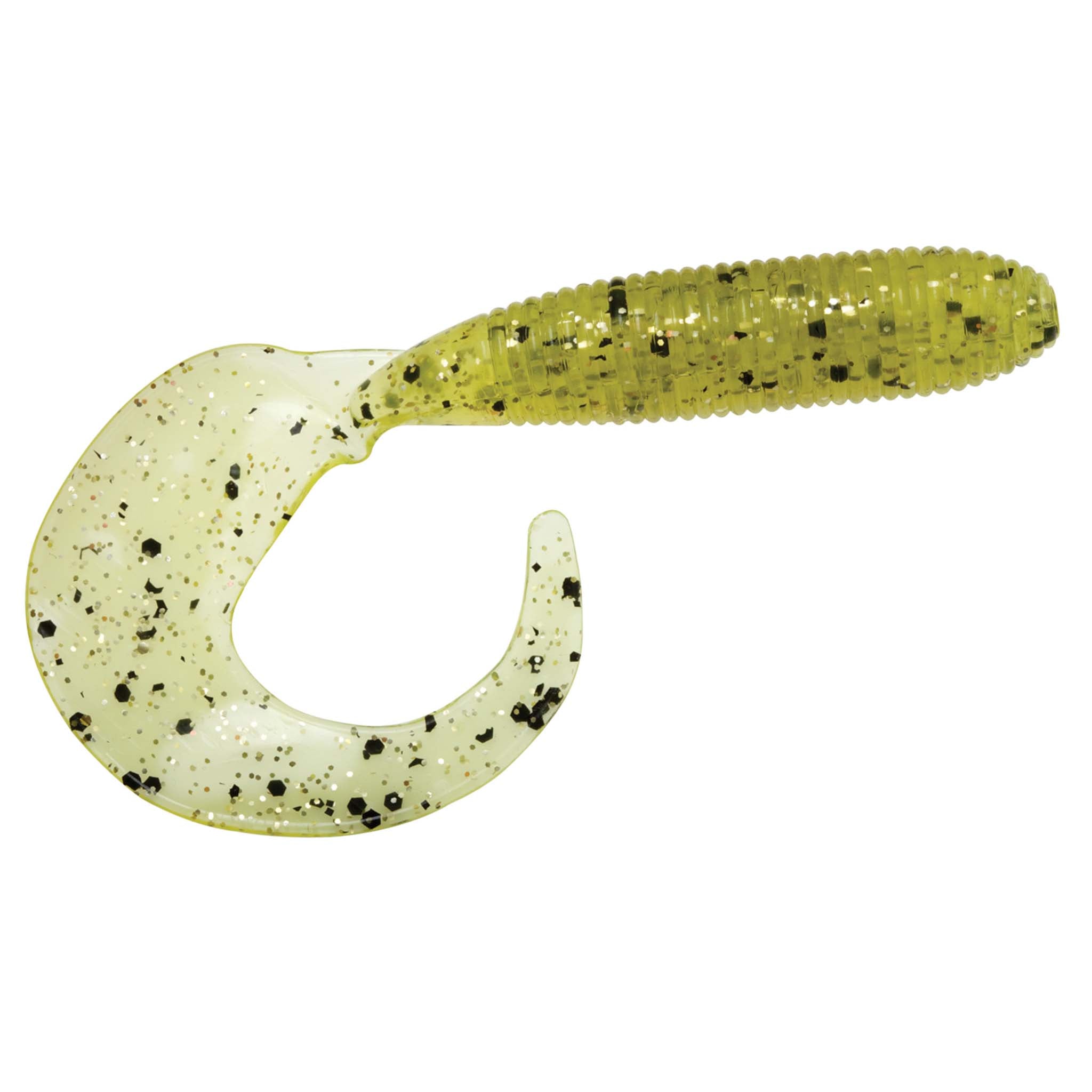 Soft plastic fishing lure, glittery chartreuse with dark flecks, curled tail