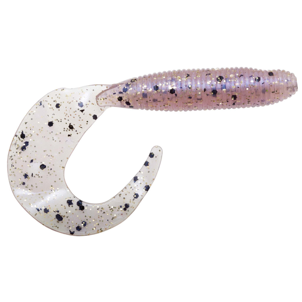 Soft plastic fishing lure, lilac with black speckles, curled ribbed tail