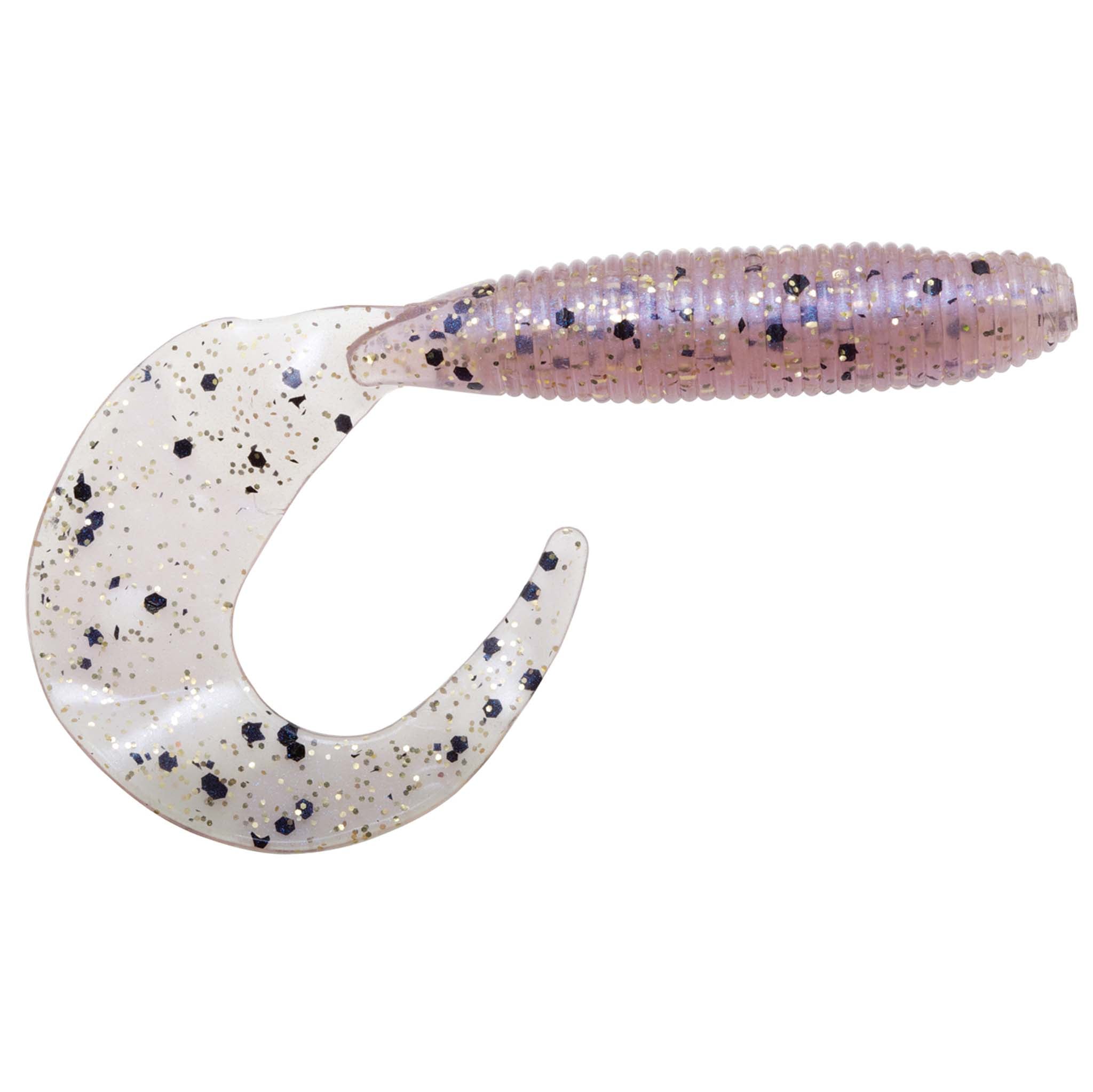 Soft plastic fishing lure, lilac with black speckles, curled ribbed tail
