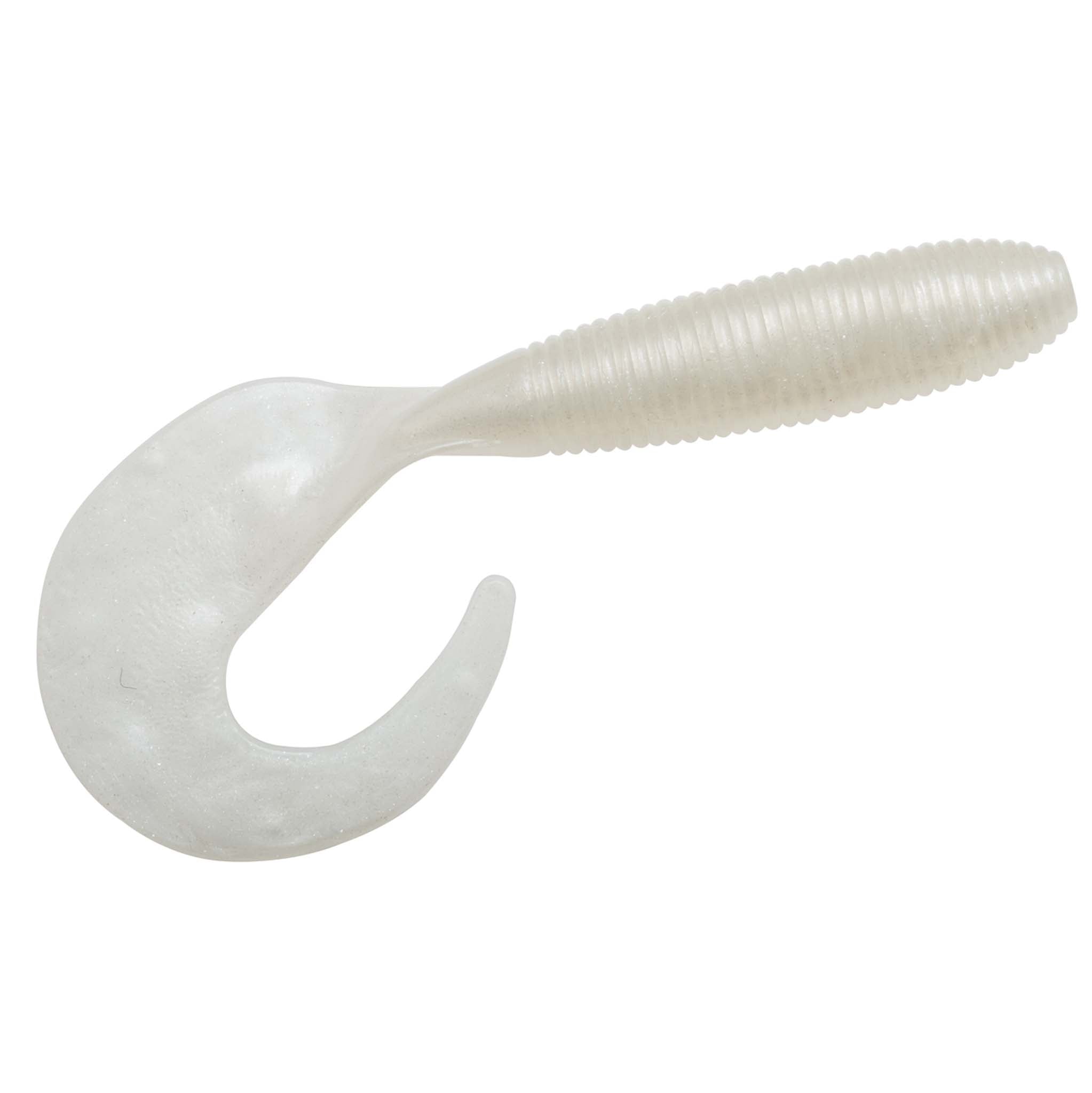 Soft plastic fishing lure, translucent white, ribbed body and curled tail
