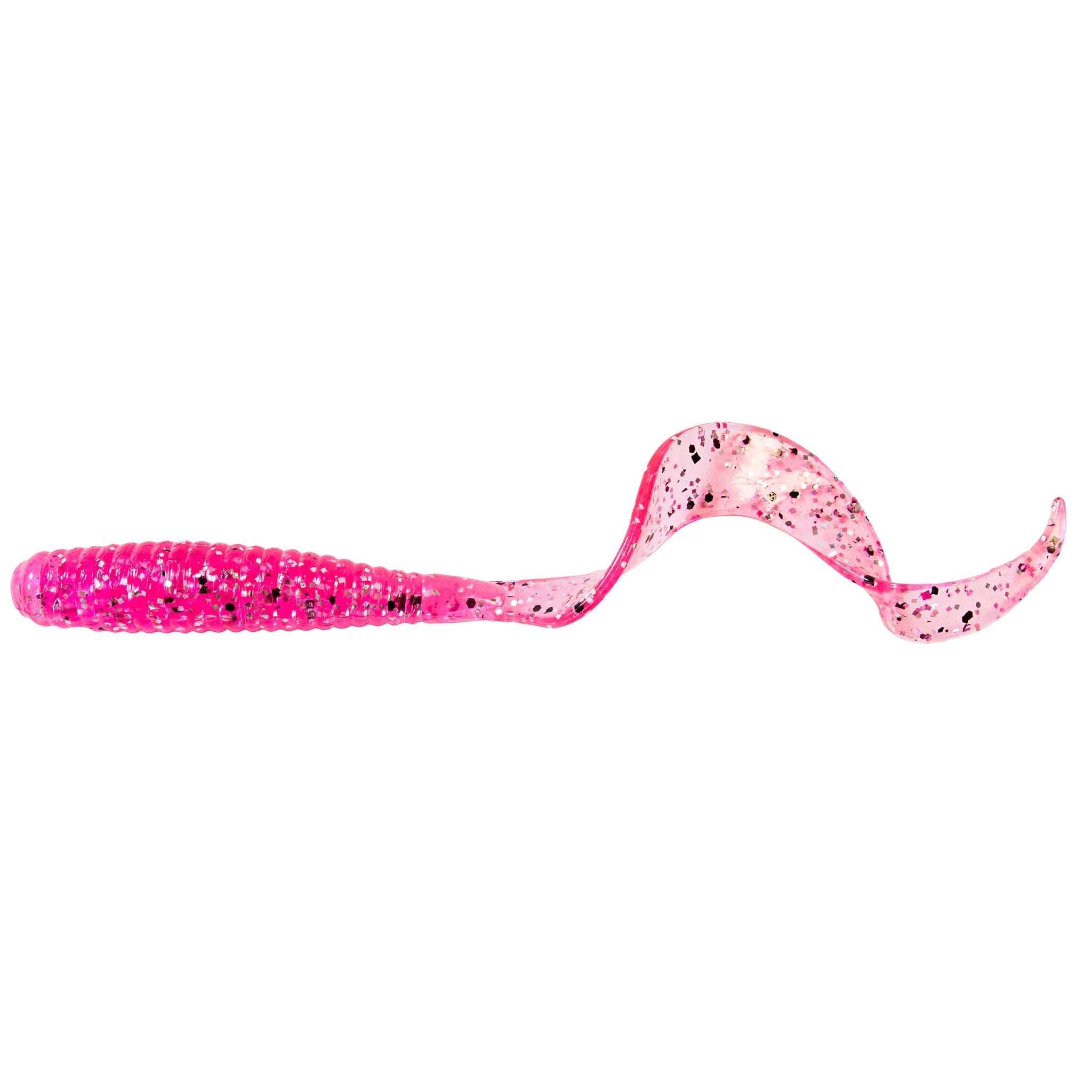 Soft plastic fishing lure, bright pink glitter with black specks, curled tail