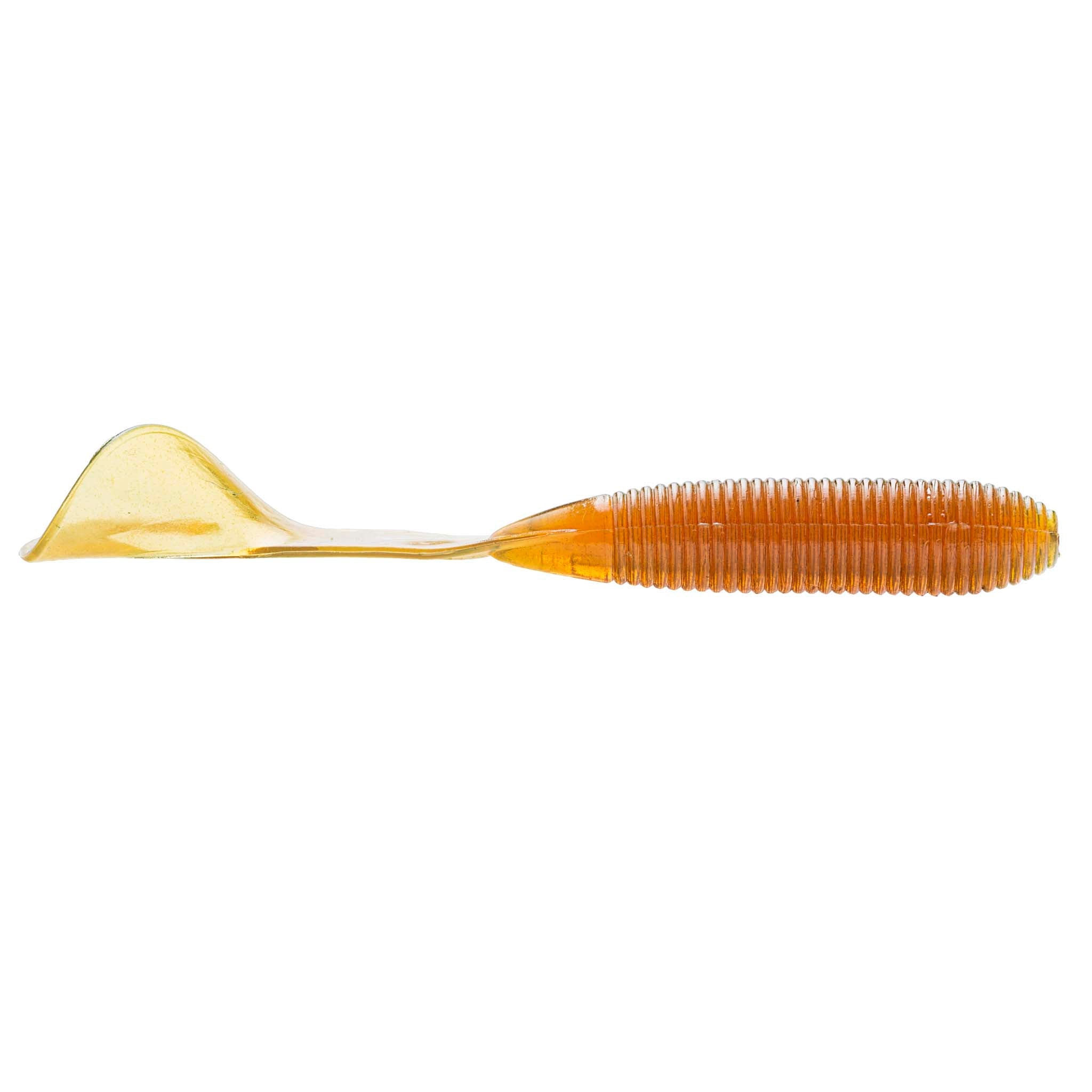 Soft plastic fishing lure, yellow head to orange ribbed body, curled tail