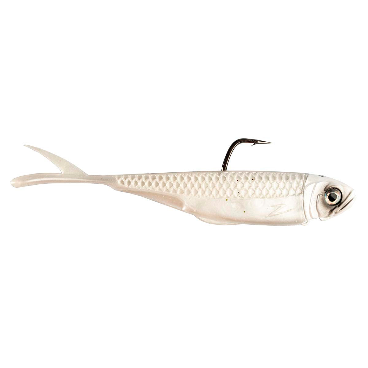 Pearl white fishing lure with lifelike eye, lip hook, and soft tail fin.