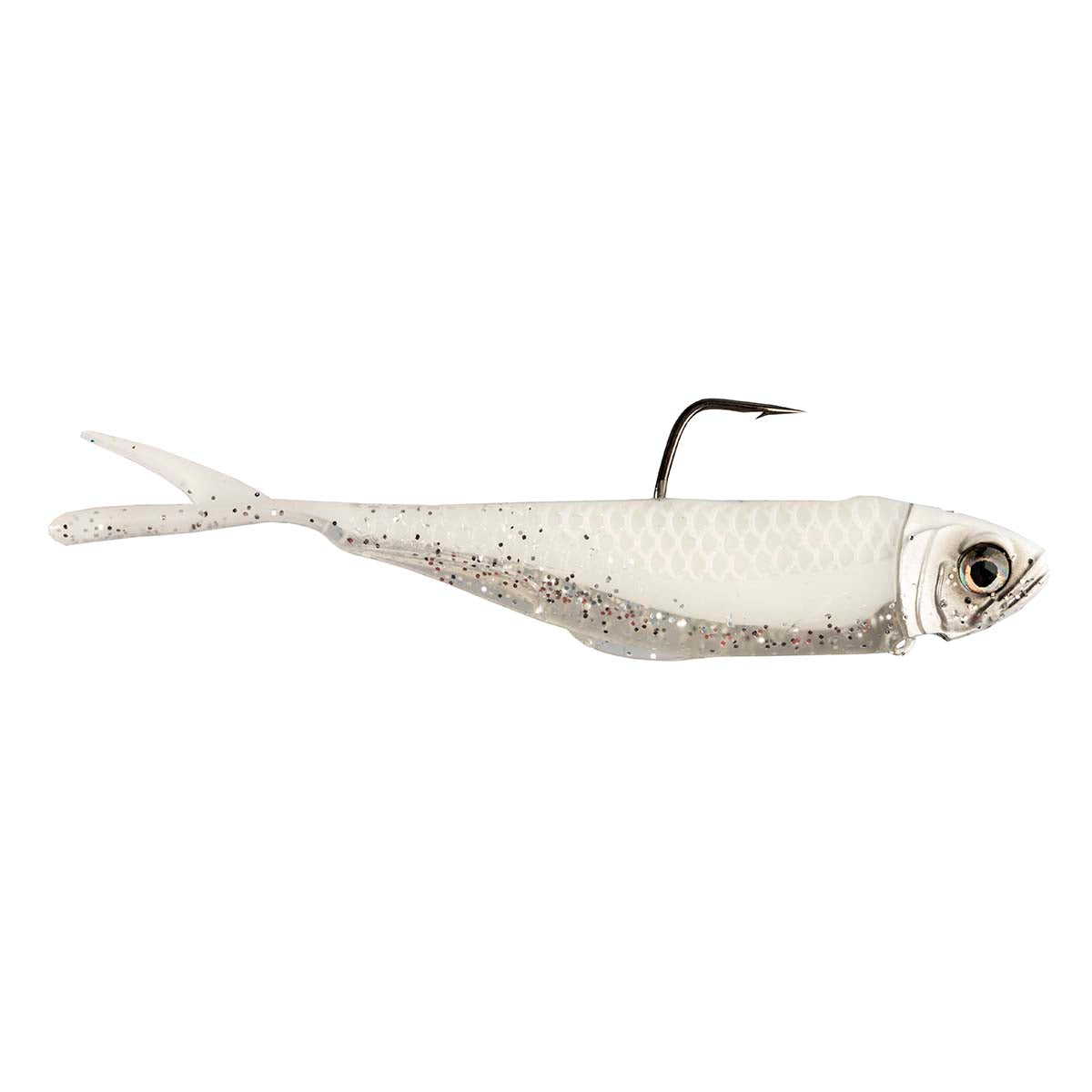 Pearl-white shad fishing lure with subtle speckles, black hook, and translucent tail