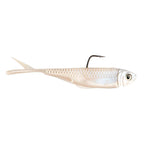 White shad fishing lure with pale blue sheen, black hook, and slender tail fin