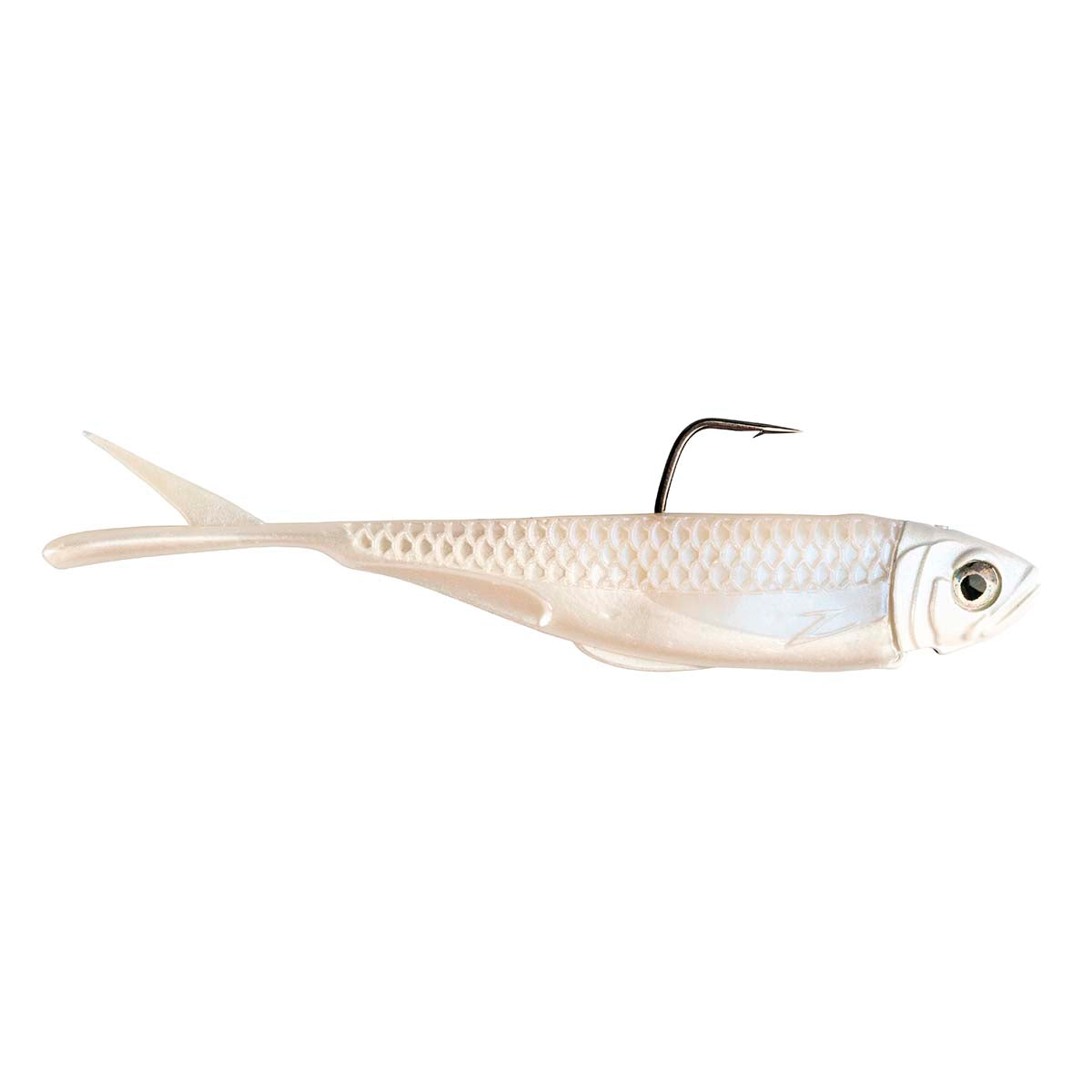 White shad fishing lure with pale blue sheen, black hook, and slender tail fin