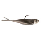 Dark gray fishing lure with scale pattern, lip hook, and thin tail fin.