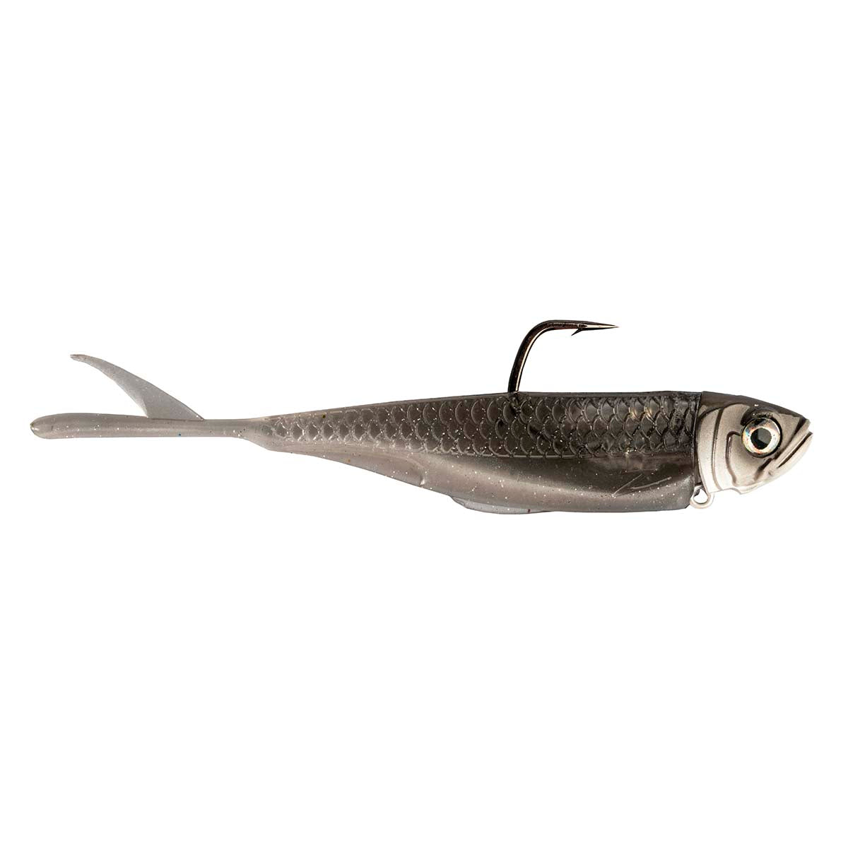 Dark gray fishing lure with scale pattern, lip hook, and thin tail fin.