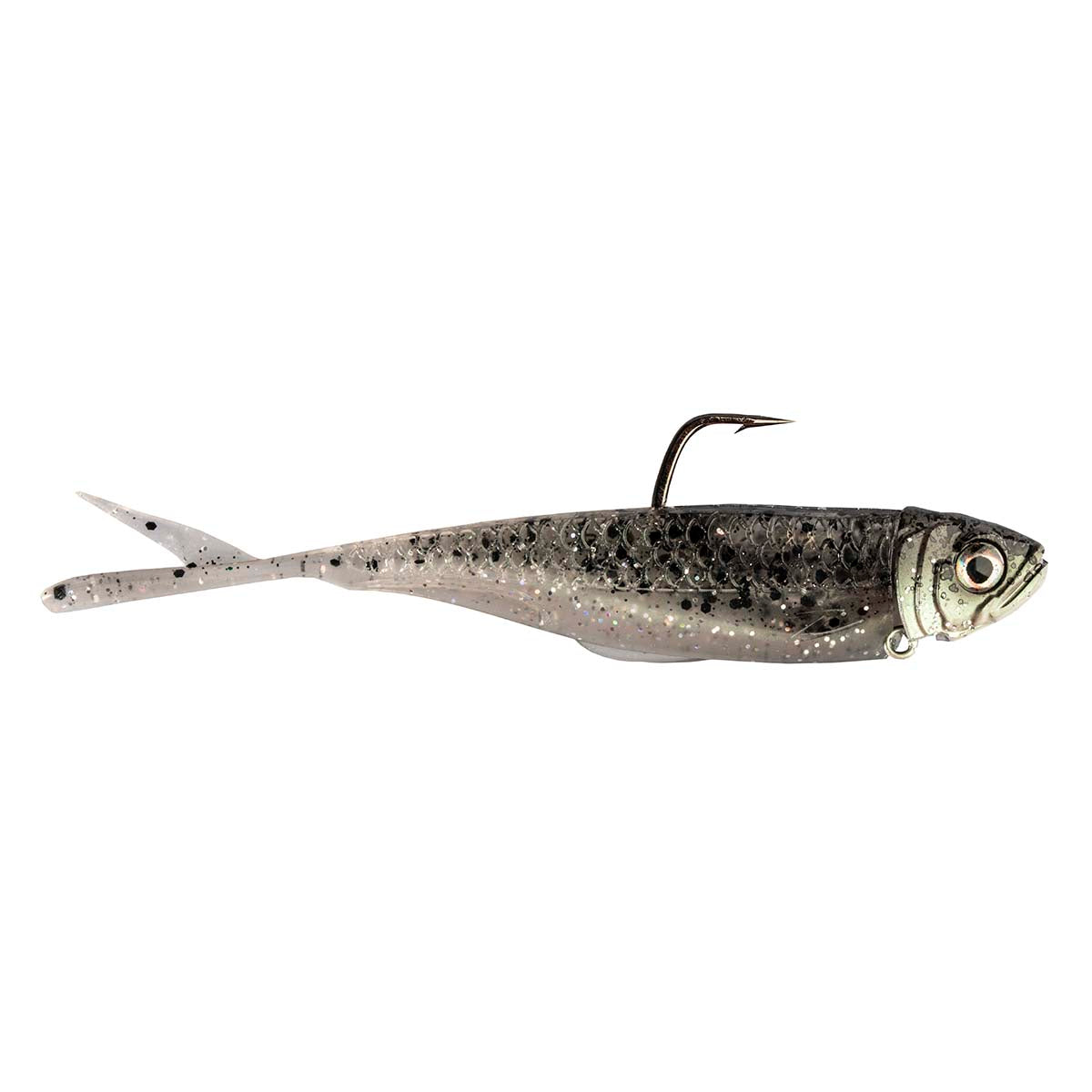 Silver-gray shad fishing lure with speckled back, black hook, and white tail fin