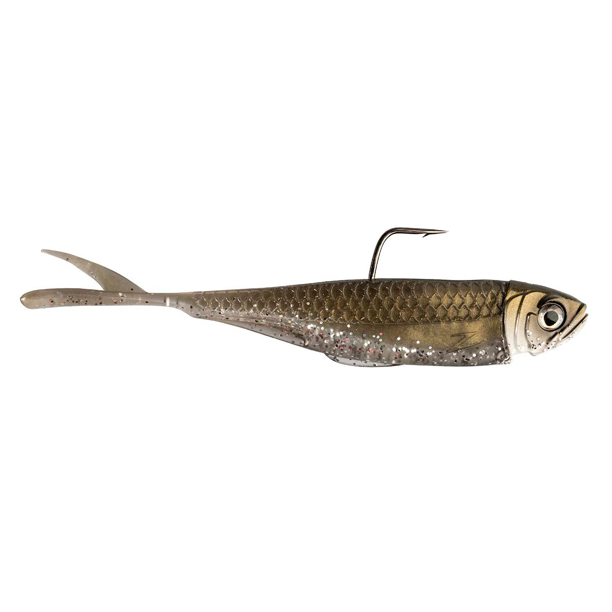 Brown-gold shad fishing lure with metallic scale pattern, black hook, and side eye