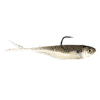 Speckled shad fishing lure with black hook, gold eye, and white belly