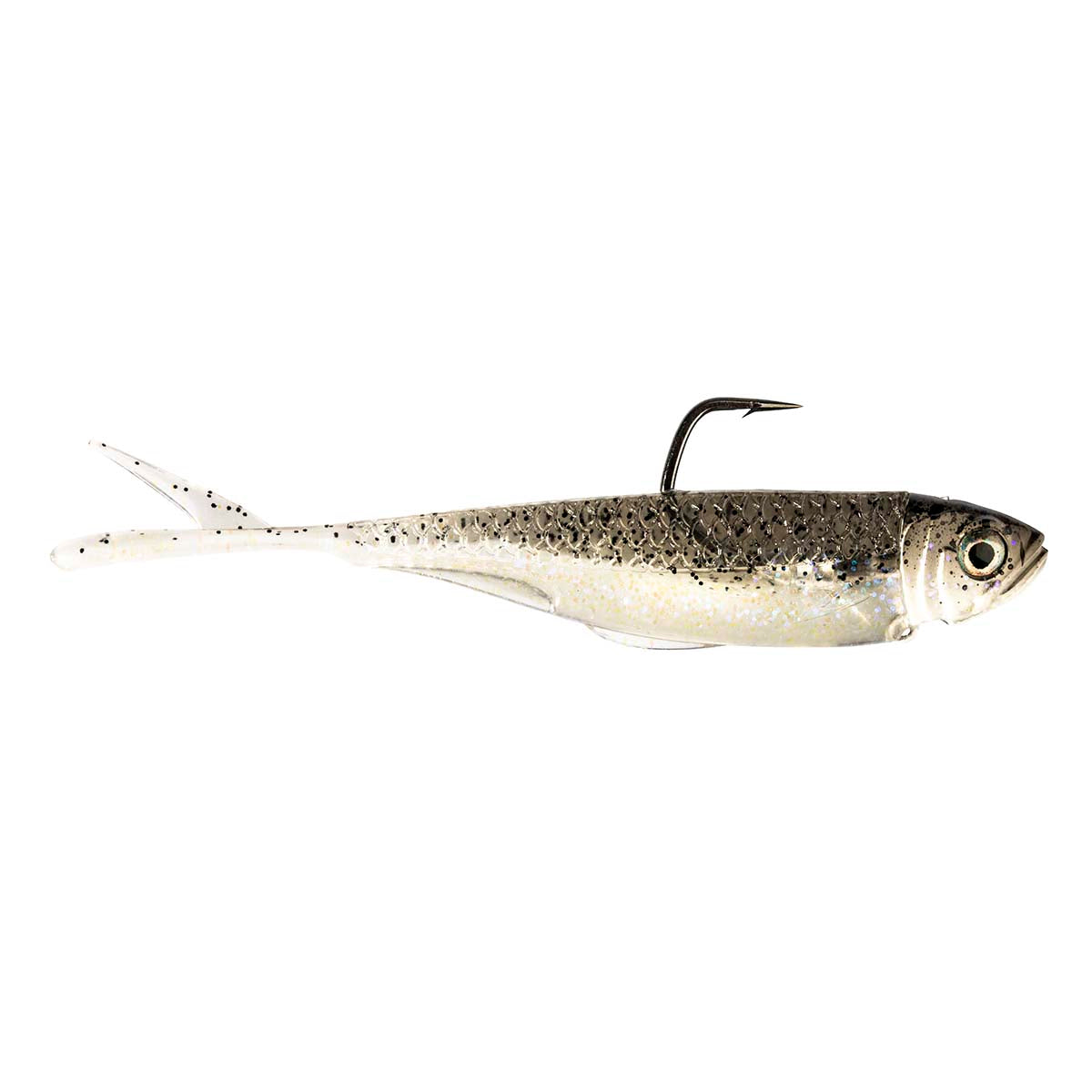 Speckled shad fishing lure with black hook, gold eye, and white belly