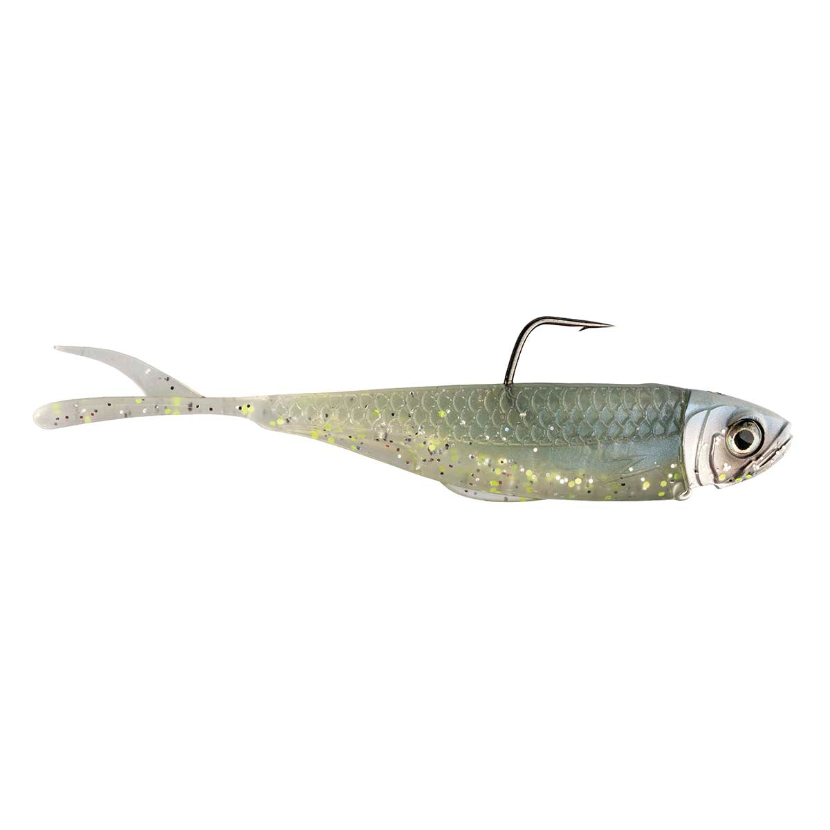 Green-teal fishing lure with yellow speckles, hook, and side tail fin.