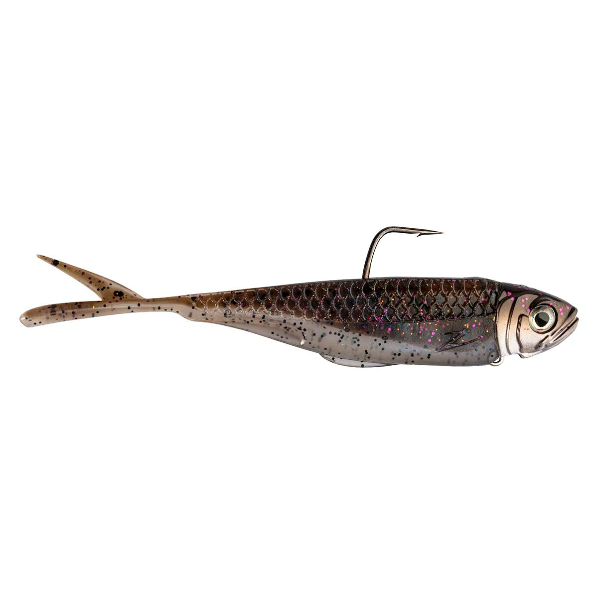 Dark brown shad fishing lure with iridescent speckle pattern, black hook, and silver eye