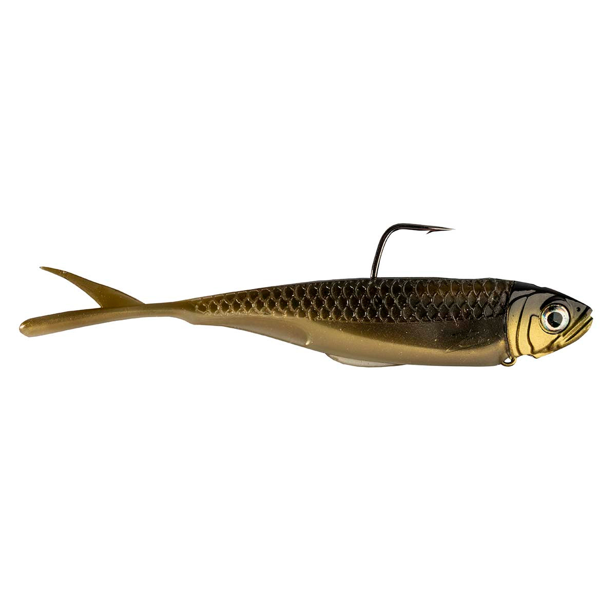 Graph ShadZ fishing lure, gold scaled body with dark top hook and pointed tail fin
