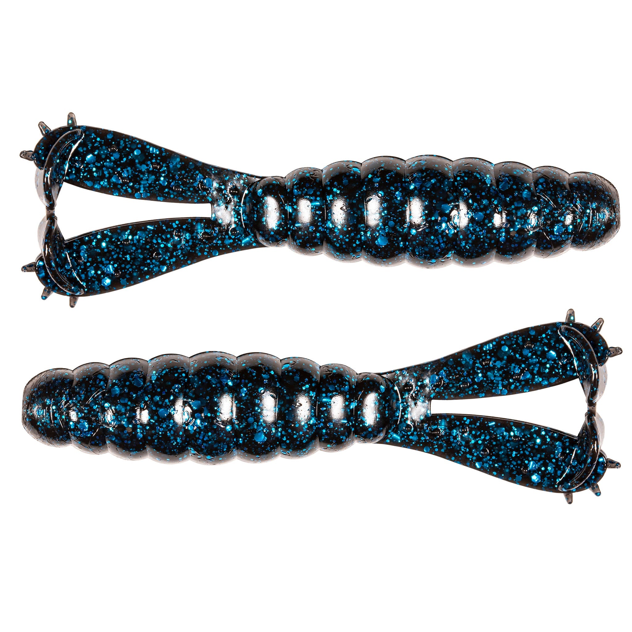 Fishing lure set with dark blue glitter swimbaits, chrome bead-like segments